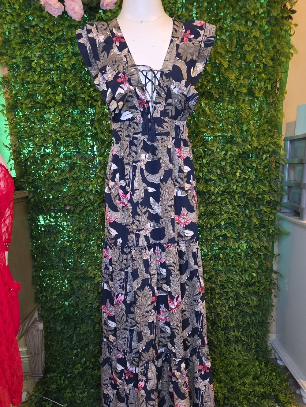 Navy Floral Lace-Up Tiered Maxi Dress with Pink Accents